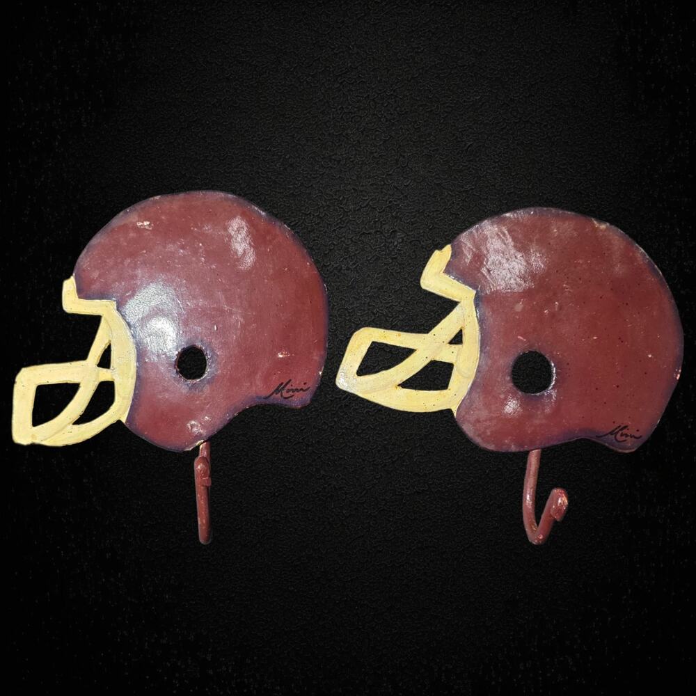 Vintage Minnie Signed Metal Football Helmet Wall Hooks Pair - Rustic